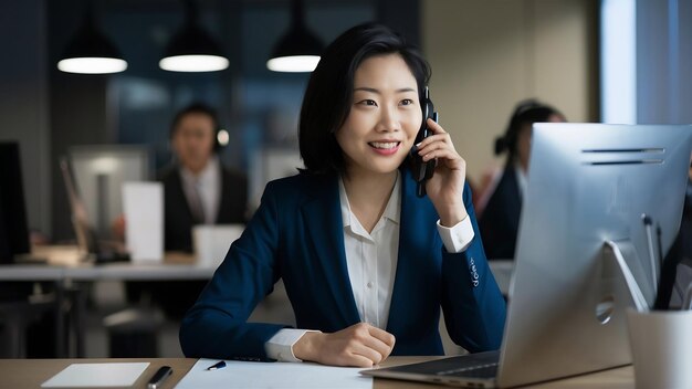 Mulher de negócios asiática a trabalhar numa empresa de telemarketing como agente de call center.