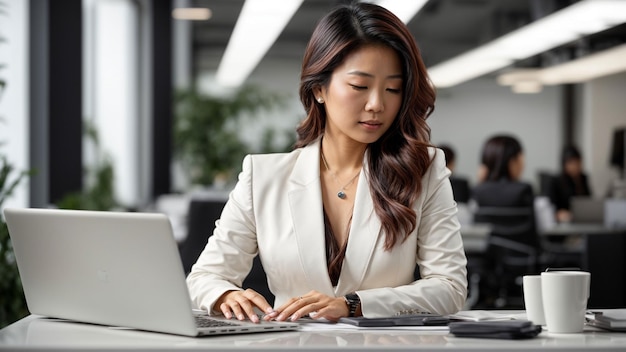 Mulher de negócios asiática confiante trabalhando em seu laptop em uma mesa branca elegante