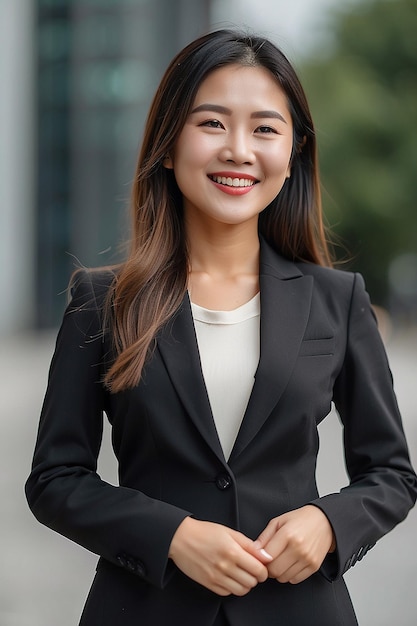 Mulher de negócios asiática de blazer sorrindo em fundo desfocado