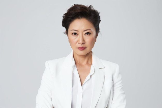 Mulher de negócios asiática de meia-idade, de terno branco, com expressão de raiva