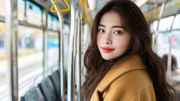 Foto mulher de negócios asiática eco-consciente felizmente indo para o trabalho de ônibus reduzindo a poluição do ar