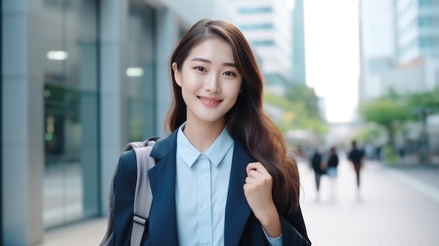 Mulher de negócios asiática ir trabalhar no escritório e sorrindo usar mochila olhar para a câmera na rua ao redor do edifício em uma cidade conceito de passageiro de negócios