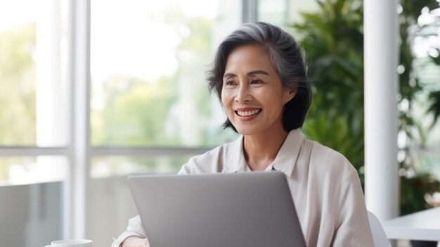 Mulher de negócios asiática madura usando laptop no escritório