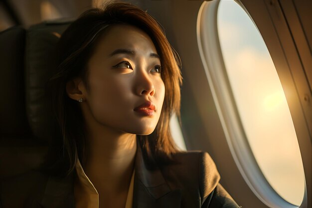 Foto mulher de negócios asiática no avião