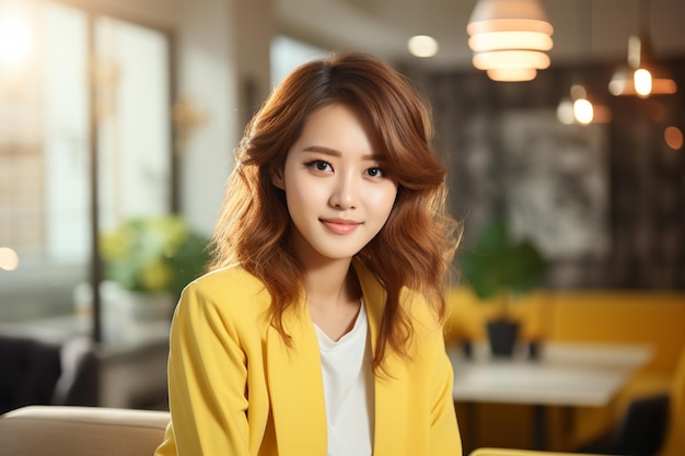 Mulher de negócios asiática vestindo blazer amarelo sorrindo
