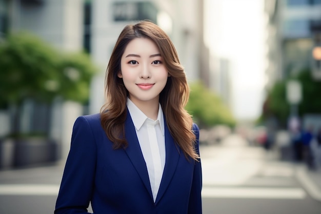 Mulher de negócios asiática vestindo blazer azul marinho com vista para arranha-céus