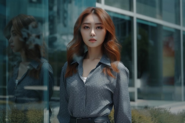 Mulher de negócios asiática vestindo camisa cinza