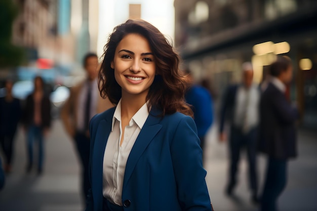 Mulher de negócios bem-sucedida chama a atenção com um sorriso na rua conceito de moda de negócios estilo de rua confiança sorrindo