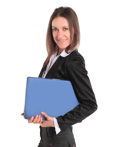 Mulher de negócios bem sucedida com um laptop abertoisolado no fundo branco