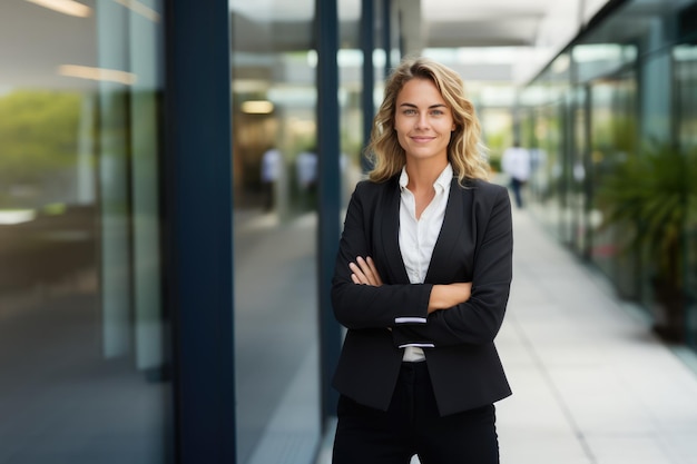 Mulher de negócios bem sucedida em frente ao conceito de liderança do edifício empresarial moderno