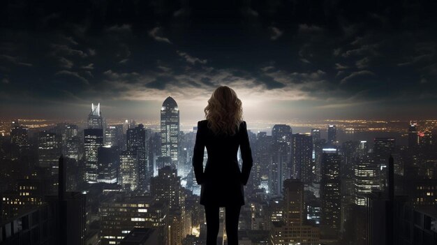 Mulher de negócios bem sucedida em terno elegante trabalhando no escritório do último andar com vista para a cidade noturna