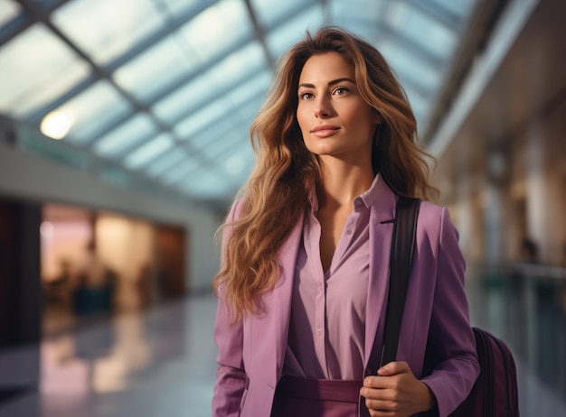 Mulher de negócios carregando bagagem andando com telefone celular no aeroporto