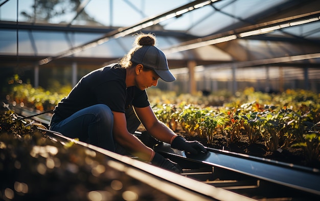 Mulher de negócios caucasiana que trabalha em estufa e cultiva vegetais hidropônicos Trabalho agrícola