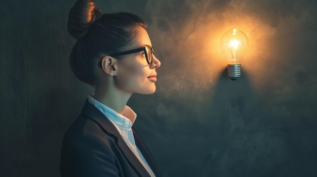 Foto mulher de negócios com cabeça de lâmpada que representa ideias brilhantes inovação e criatividade