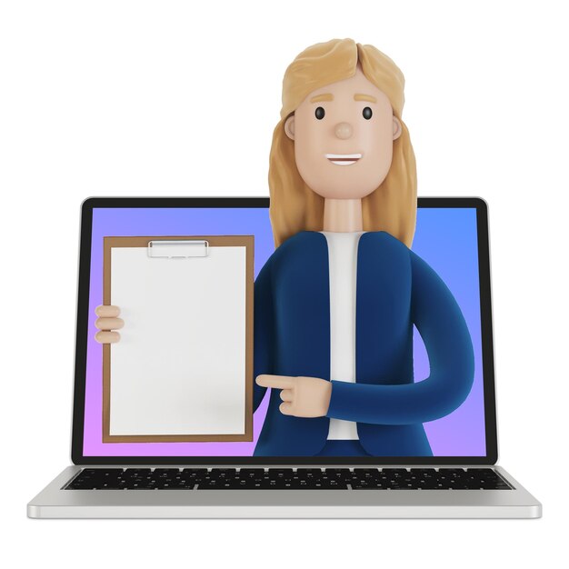 Mulher de negócios com documentos em um laptop. Conceito de negócios on-line. Ilustração 3D de um personagem de desenho animado.