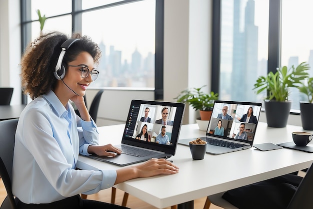 Foto mulher de negócios com fone de ouvido refeições escritório fundo janela laptop cadeira