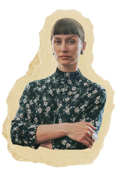 Mulher de negócios confiante adesivo png papel rasgado fundo transparente