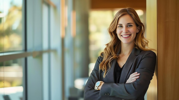 Mulher de negócios confiante de pé em um escritório moderno braços cruzados sorrindo para a câmera