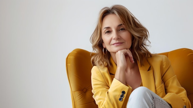 Mulher de negócios confiante em blazer amarelo sentada em uma cadeira moderna escritório moda estilo de vida profissional retrato elegância casual relaxada e feliz mulher adulta IA
