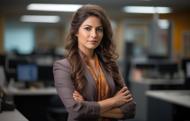Foto mulher de negócios confiante no escritório corporativo de pé com os braços cruzados imagem de roupa de entrevista de emprego profissional