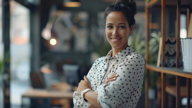 Mulher de negócios confiante num escritório moderno, braços cruzados e sorrindo calorosamente.