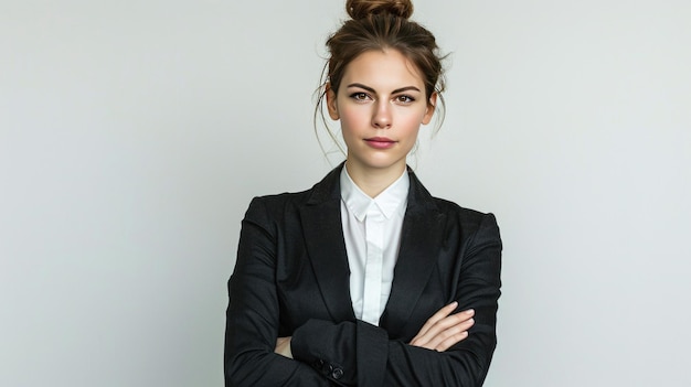 Mulher de negócios corporativa confiante em terno posa para um retrato profissional