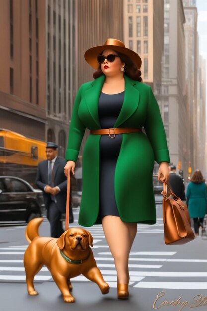 mulher de negócios curvilínea e elegante andando com cachorro na ilustração do centro da cidade