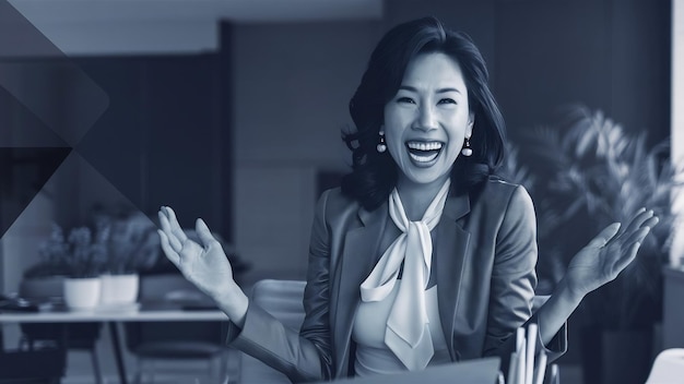 Mulher de negócios da Ásia sentindo-se feliz sorrindo e olhando para a câmera enquanto relaxa no escritório em casa