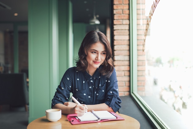 Mulher de negócios da Ásia trabalhando o conceito de planejamento em um café.