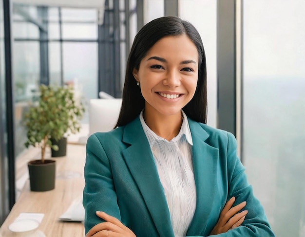 mulher de negócios de beleza no escritório braços cruzados mulher sorrindo muito amigável