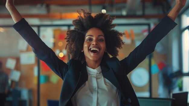 Mulher de negócios de sucesso com os braços erguidos a celebrar