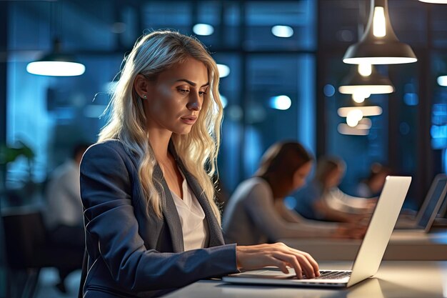 Mulher de negócios de sucesso sentada em uma mesa trabalhando em um computador portátil no escritório