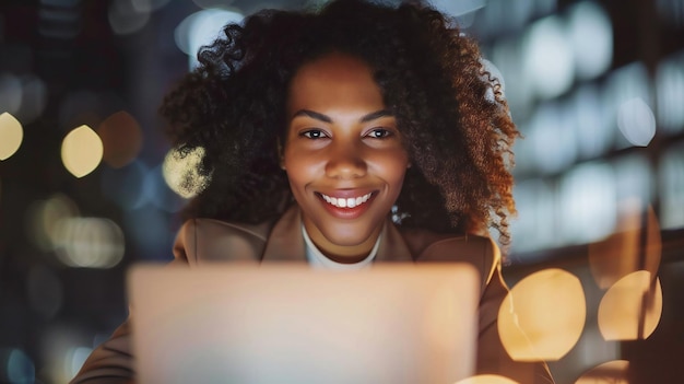 Mulher de negócios de sucesso sorrindo na tela do laptop Decisões de investimento rentáveis e estratégia de crescimento