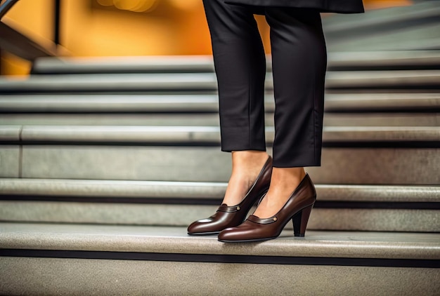 mulher de negócios descendo escadas usando os saltos