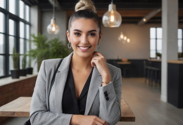 Mulher de negócios elegante com laptop num escritório chique, numa atmosfera profissional e sofisticada.