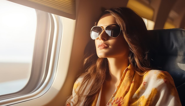 Foto mulher de negócios em avião perto da janela voando de férias 8 de março dia mundial da mulher