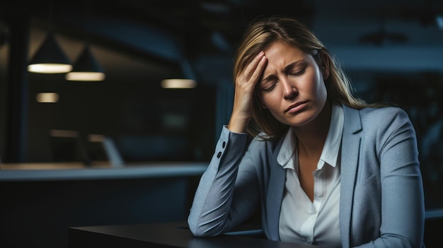 Foto mulher de negócios em depressão sentada em seu escritório de trabalho segurando a cabeça com a mão sofrendo de estresse por excesso de trabalho ou perda de emprego