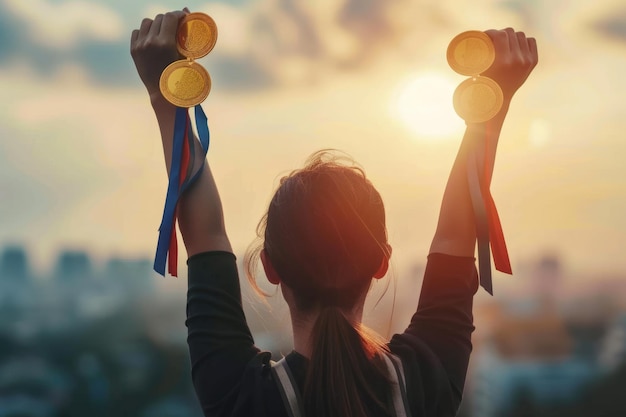 Foto mulher de negócios em silhueta segurando medalhas de ouro no pôr do sol para o sucesso da equipe