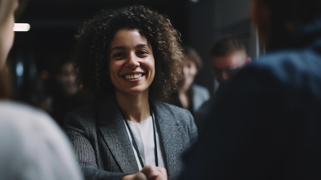 Mulher de negócios em uma conferência de evento de rede Sorrindo e apertando as mãos Imagem de IA generativa