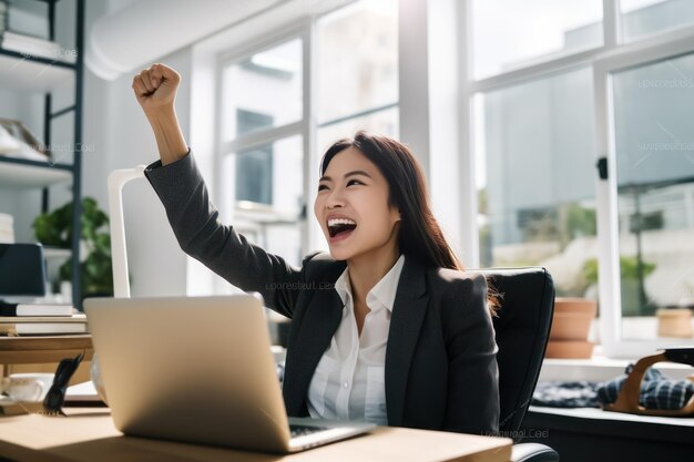 Mulher de negócios emocionante estendendo o braço depois de vencer