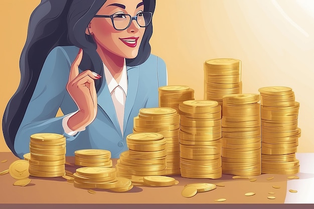 Foto mulher de negócios empilhando moedas de ouro poupando dinheiro para o futuro