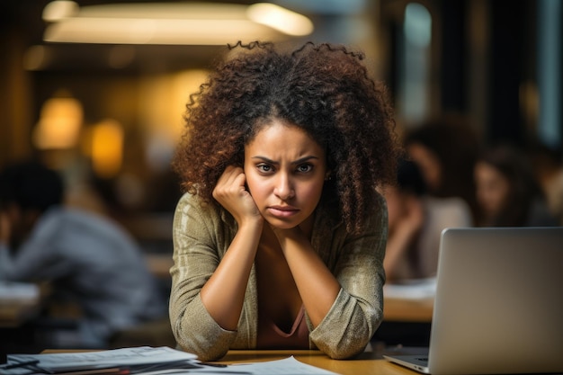 Foto mulher de negócios estressada trabalhando no escritório infeliz ou conceito de problema ia gerativa