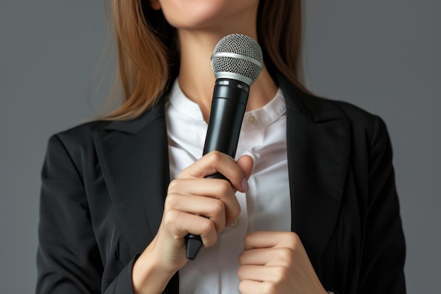 Mulher de negócios falando com um microfone enfatizando a comunicação e a informação