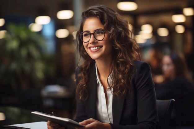 Mulher de negócios feliz a trabalhar com um tablet num escritório corporativo