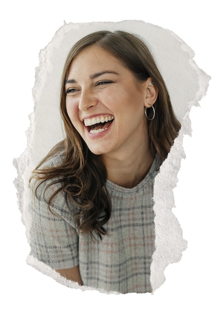 Mulher de negócios feliz adesivo png papel rasgado fundo transparente