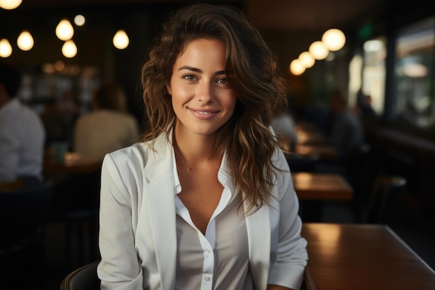 Foto mulher de negócios feliz do retrato em close-up na blusa branca sorrindo felizmente ia generativa