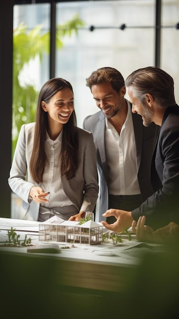 Foto mulher de negócios feliz mostrando modelo de design para homens de negócios no escritório