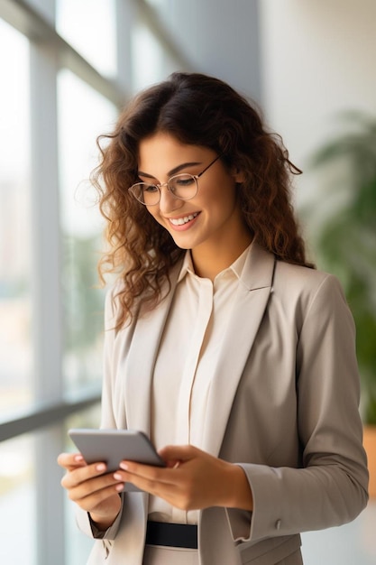 mulher de negócios feliz segurando um telefone inteligente no escritório