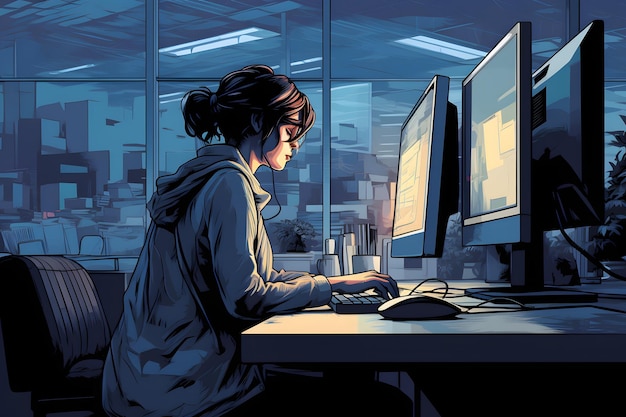Mulher de negócios focada trabalhando em laptop na mesa em ambiente de escritório moderno IA gerativa