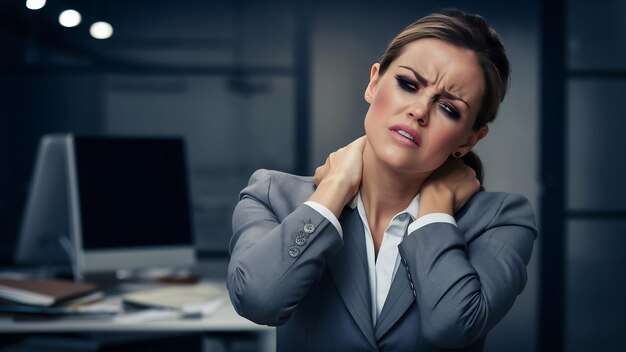Mulher de negócios infeliz com dor no pescoço.